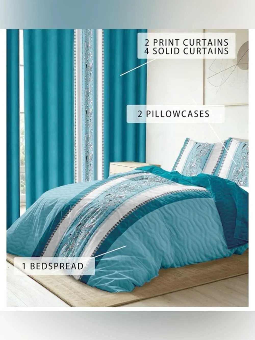 9 Pcs Queen Size Blue Bedspread Set with Curtains, Boho Blue Stripe Bed in A Bag